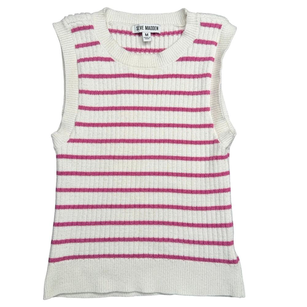 Steve Madden Striped Ribbed Knit Sleeveless Sweater Vest Top Pink White Size M